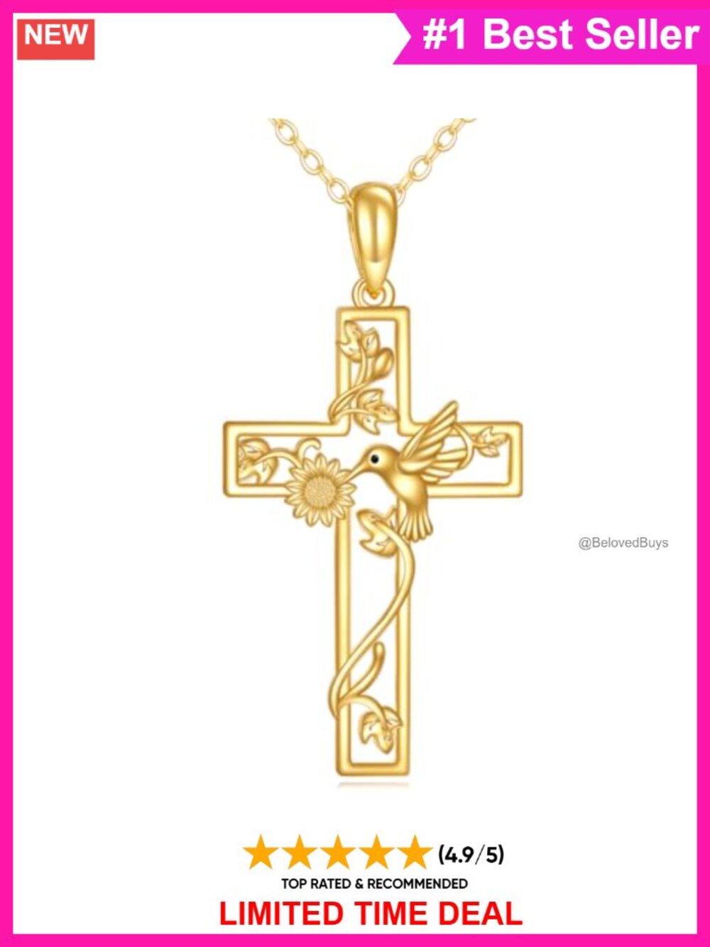 10K Solid Gold Hummingbird Cross Pendant Necklace Religious Gift for Women
